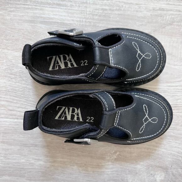 Zara Kids T-Strap Mary Jane Shoes Size EU 22 US 6 Black Embroidered Buckle Fall - Picture 8 of 9